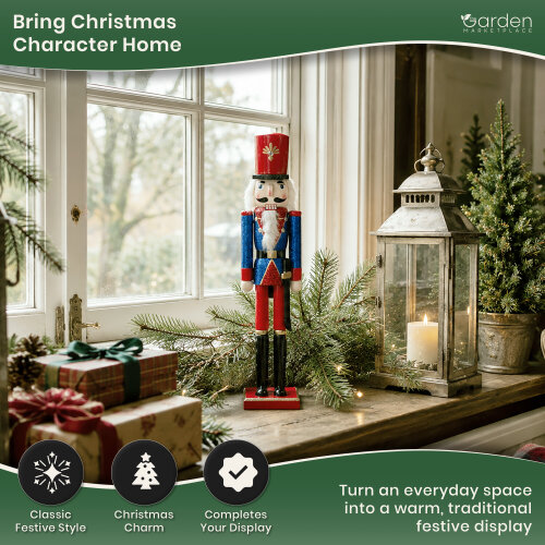 Large Christmas Nutcracker Figure 50cm Tall, Blue and Red Traditional Festive Decoration, Indoor Ornament