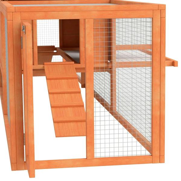 Orange wooden rabbit hutch door and ramp section with wire mesh enclosure