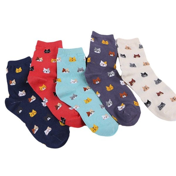 Anyfootwear 5 Pairs One Size 5-9 Mix Colour Cartoon Animal Cute Cat Ankle Short Casual Girl With Thick Warm Cotton Socks for Holiday Gifts