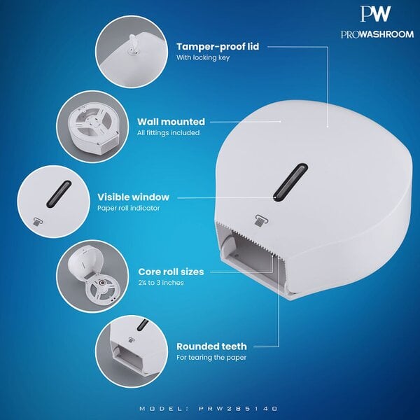 ProWashroom Pro Washroom Jumbo Toilet Roll Dispenser Wall-Mounted, Lockable, ABS Durable White Matte Finish