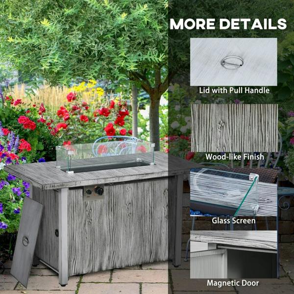Grey gas fire pit table with lid pull handle, glass screen, and magnetic door