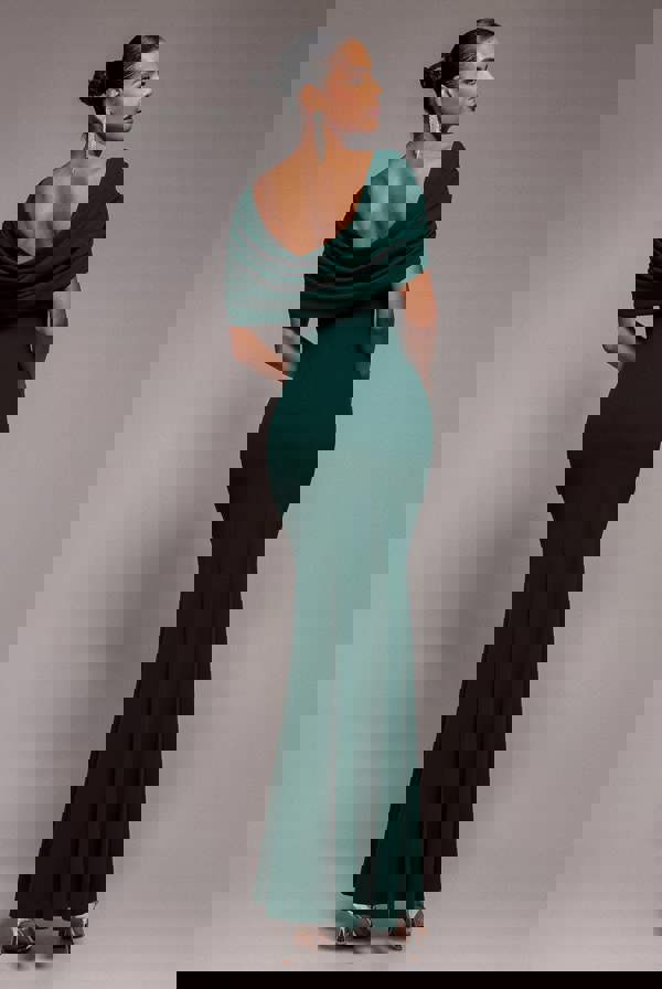 V Neck Cowl Back Pleated Sleeve Scuba Maxi Dress - Emerald Green DR5010