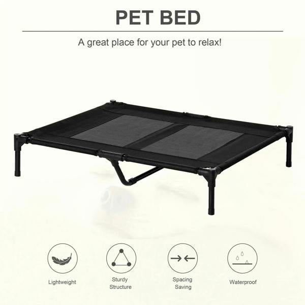 Black foldable elevated pet bed cot with mesh top and sturdy metal frame legs
