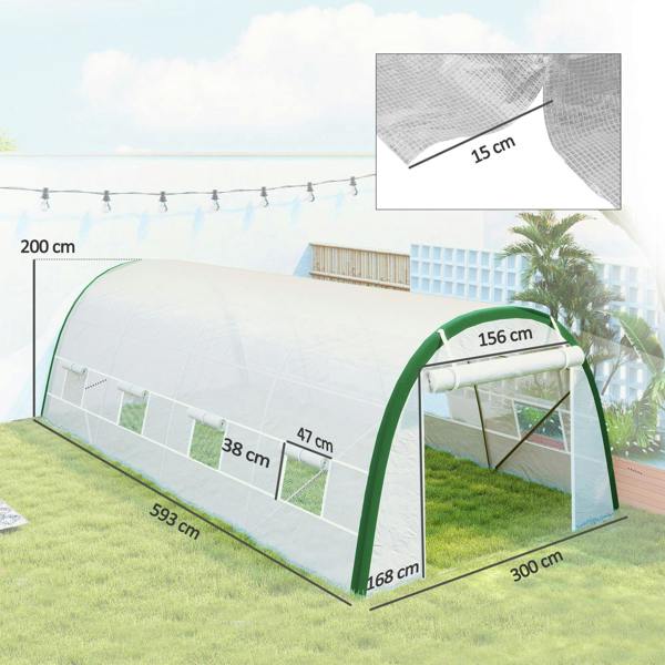 White greenhouse tunnel with green frame, mesh side panels and arched end doorway