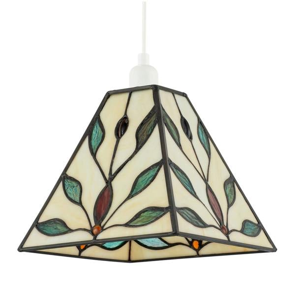 Square Tiffany Glass Pendant Light Shade with Emerald Green Leaves Image 1