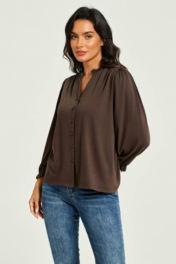 FS Collection Frill Neck Long Sleeve Jersey Blouse Brown