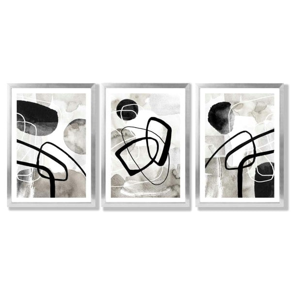 Artze Wall Art Set of 3 Abstract Black Grey Watercolour Framed Wall Art