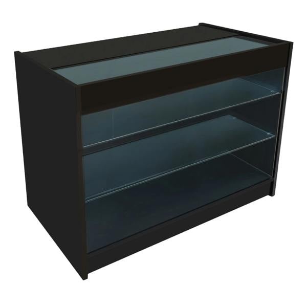 Hyperion LED shop counter set in black, featuring a sleek design with glass shelves and a top display area for products