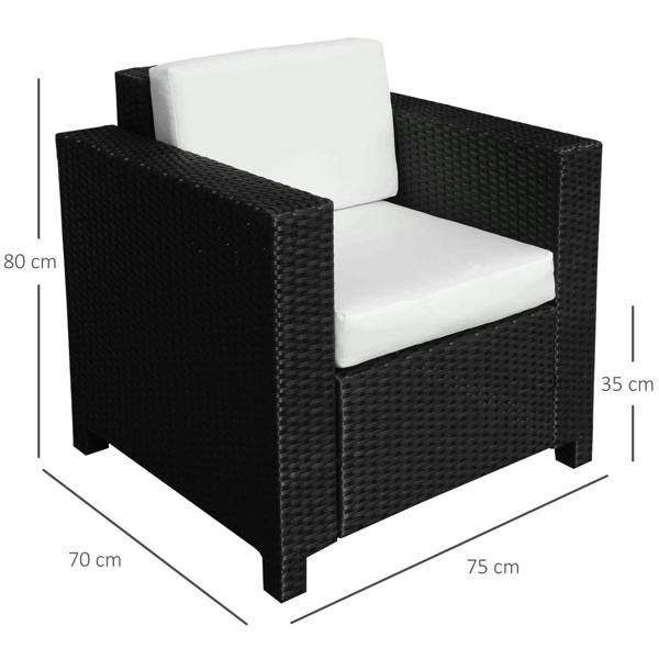 Black rattan single armchair with white padded cushion and armrests; size view
