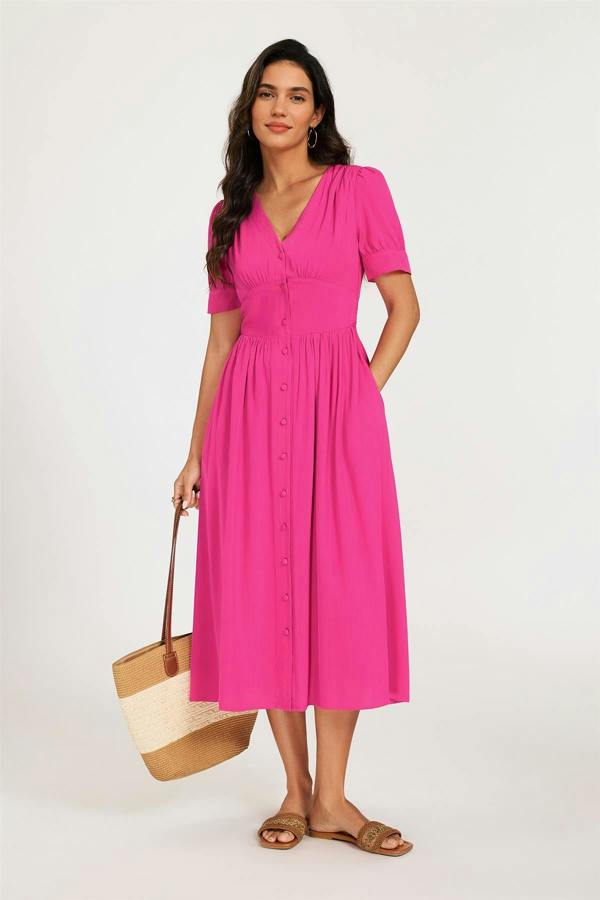FS Collection Button Front Short Sleeve Midi Dress In Hot Pink
