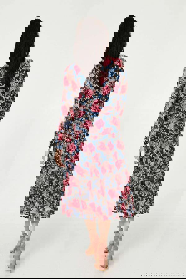 Navy | Floral Tie Waist Relaxed Tier Midi Dress