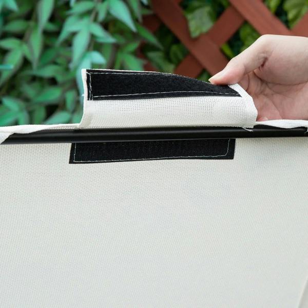 Hand lifting a removable padded headrest on a white patio sun lounger