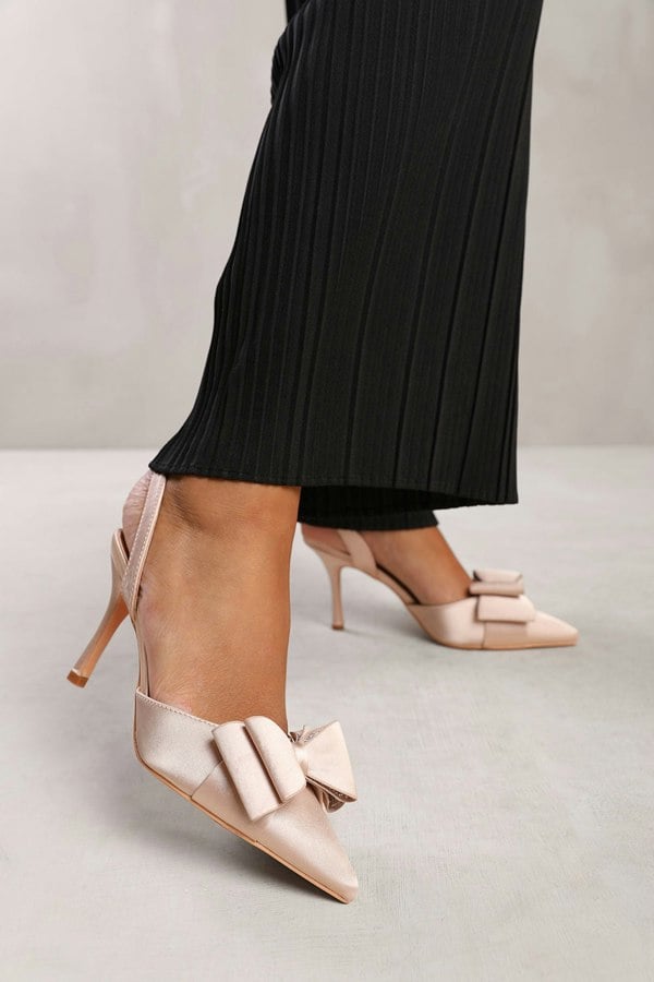 Where's That From Spain Wide Fit Pointed Toe With Diamante Bow Detailing Slingback Mid Heels in Cream Satin