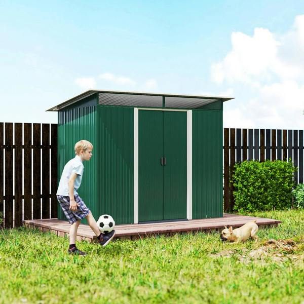 Green metal garden shed with single door, gabled roof, and deck base