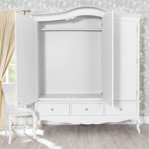 Statement Furniture Juliette Large 3 Door Wardrobe. French Style Triple Wardrobe with Crystal Handles