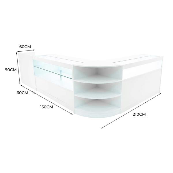 Curved white LED shop counter set with glass display, shelves, and sleek design, measuring 210cm wide, 90cm high, and 60cm deep