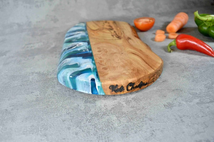 Cheese Board with Blue Green Resin Art 30cm - Unique Christmas Gift Ideas - Luxury Presents - Best Cheese Boards - Best Resin Artist