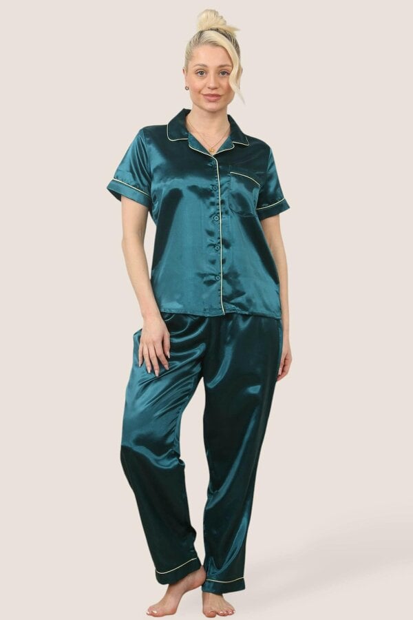 Luxe Satin Short Sleeve PJ Set – TEAL BLUE