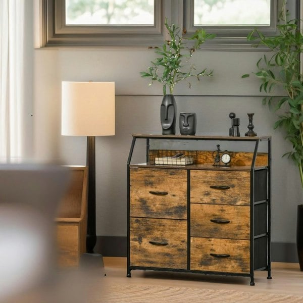 Rafaelo Mobilia Industrial Rustic Brown Chest With 5 Fabric Drawers