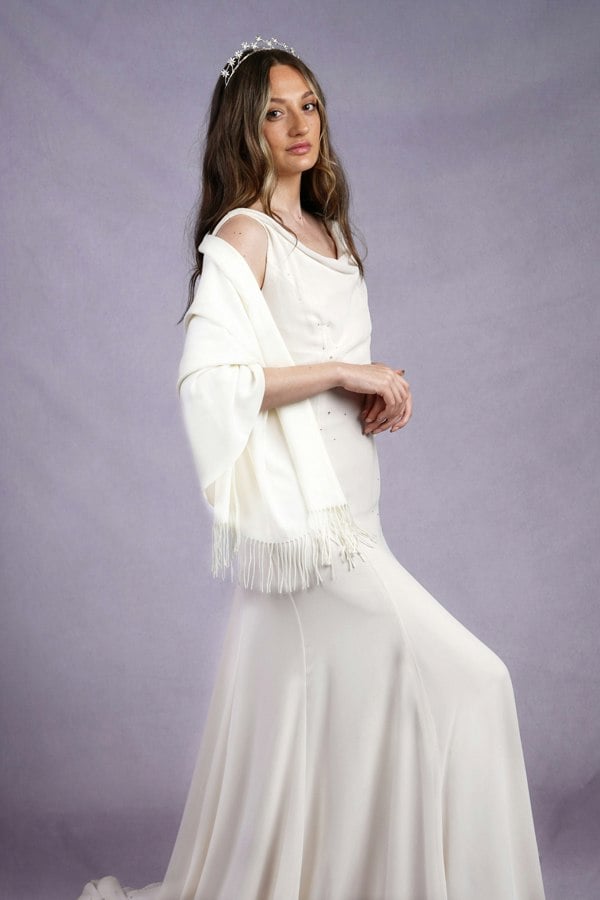 Antonia York White Pashmina | Drew Super Soft Large Special Occasion Wrap with Tassels