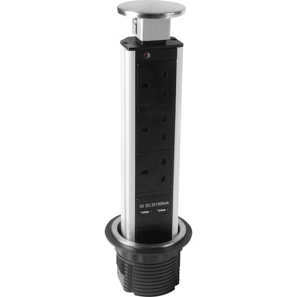 Axiom Pop-Up Tower Socket 3 Gang with 2 USB Sockets - Stainless Steel Finish