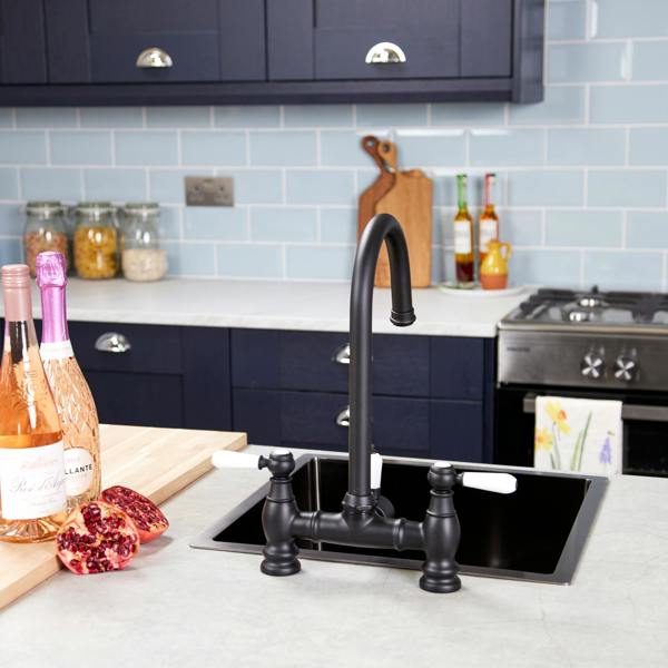 Flode klas | Traditional Bridge Style 3 in 1 Instant Boiling Tap | White Ceramic Levers | Matt Black Finish