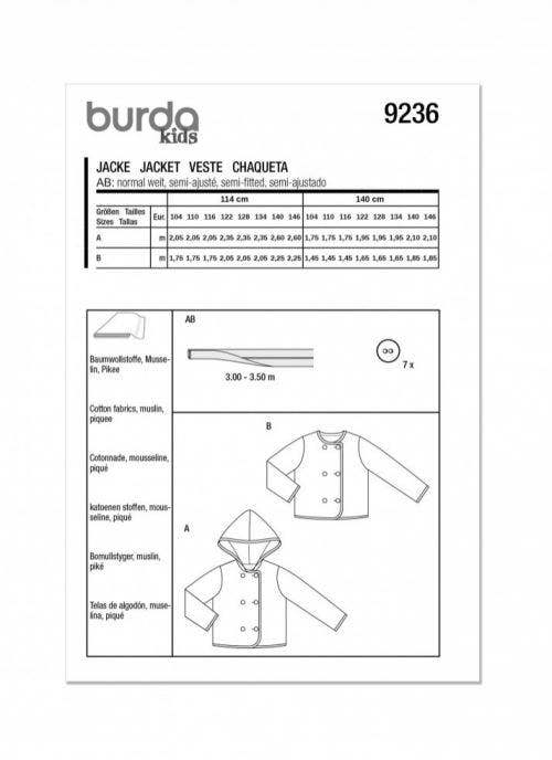 Burda Sewing Pattern 9236 Jackets For Kids, 4-11 (104-146) - Easy
