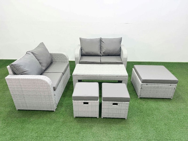 Fimous 7 Seater Outdoor Love Sofa Set Rattan Garden Furniture Set with Oblong Coffee Table 3 Footstool Light Grey