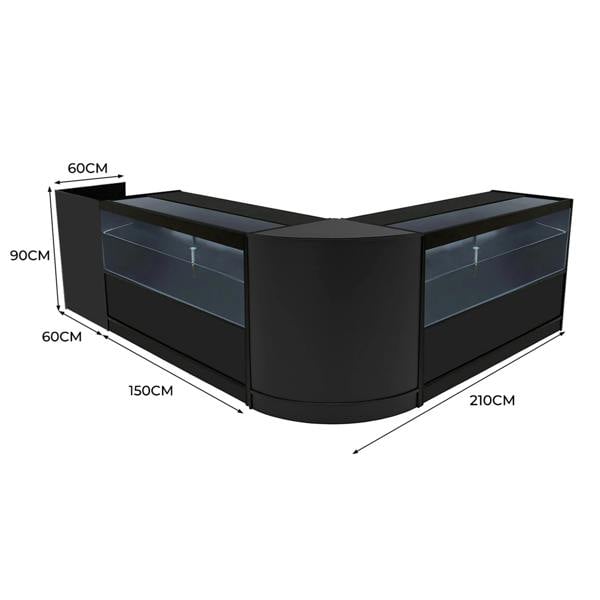Black Phoenix LED Shop Counter Set featuring a sleek design with glass display sections, measuring 210cm wide and 90cm tall