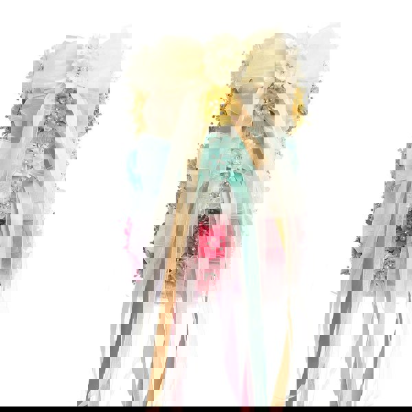 back view of flower garland with large ribbon bow and trailing ribbons