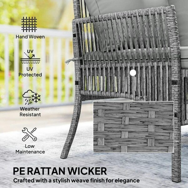 3 Piece Rattan Garden Furniture Corner Sofa Set with Chaise Lounge, Loveseat, Glass Coffee Table, Cushions, Dark Grey