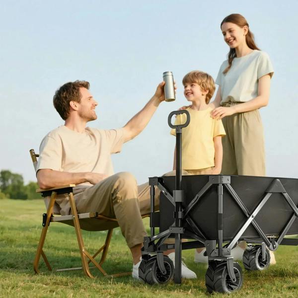 Black folding cargo wagon cart with telescopic handle, four wheels, and cross-braced sides