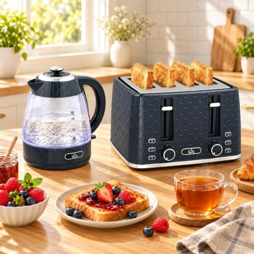 HOMCOM Kettle and Toaster Set, 1.7L 3000W Rapid Boil Jug Kettle, Blue