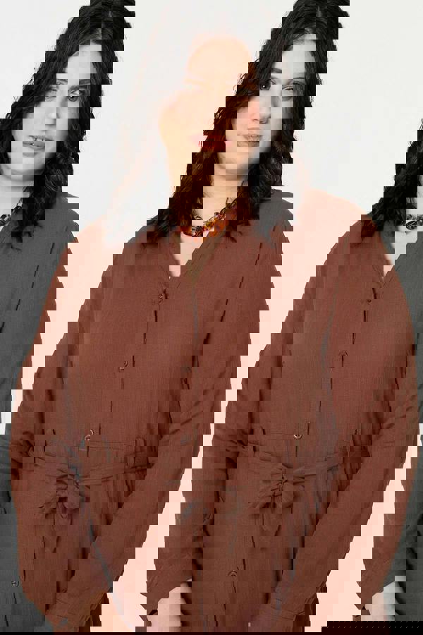 Brown | Curve Long Sleeve Tie Waist Maxi Dress