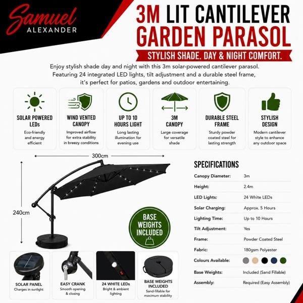 Samuel Alexander 3m Solar Powered Cantilever Lit Banana Garden Parasol with Crank Handle & White LED Lights in Black with Base Bag Included