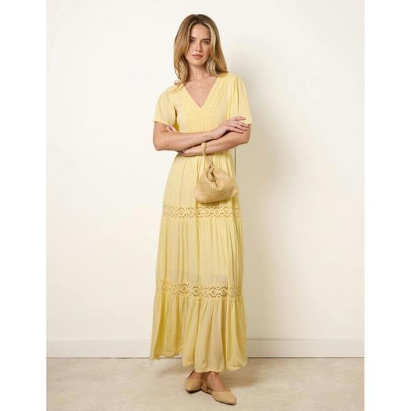 Blue Vanilla V-Neck Tiered Crochet Detail Maxi Dress