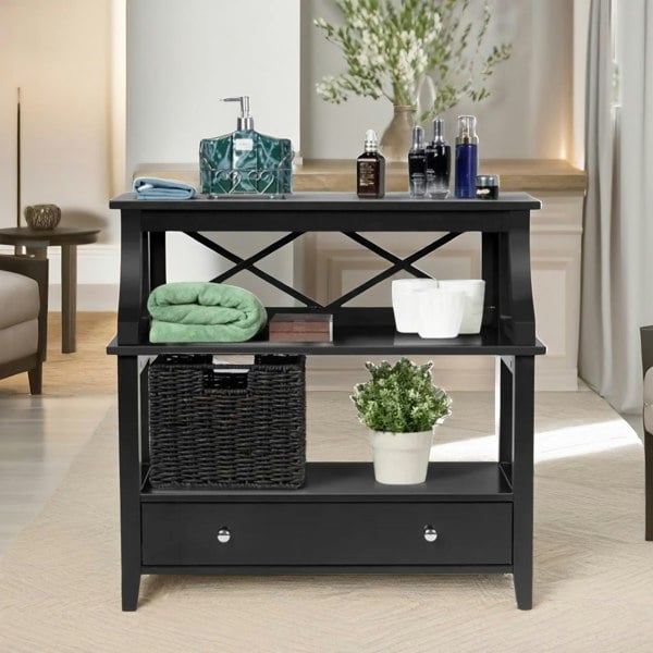 Rafaelo Mobilia Modern 3 Tier Console Table With 2 Drawers And Storage Shelves Black