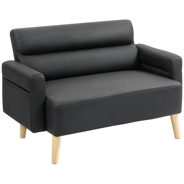 Small black faux leather 2-seater sofa settee with padded arms, backrest, and wooden legs
