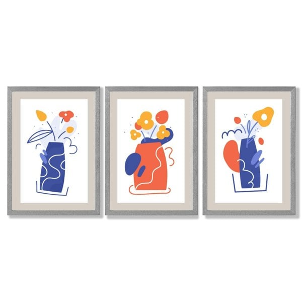 Boho Minimal Floral Blue Orange Set of 3 Framed Art Prints with Light Grey Wooden Frames