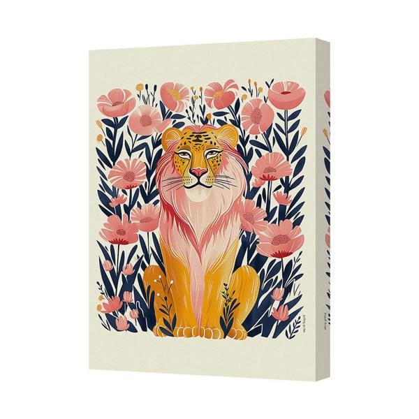 Benjamin Tate Design Floral Lion Canvas Wall Art Print With Pink Flowers