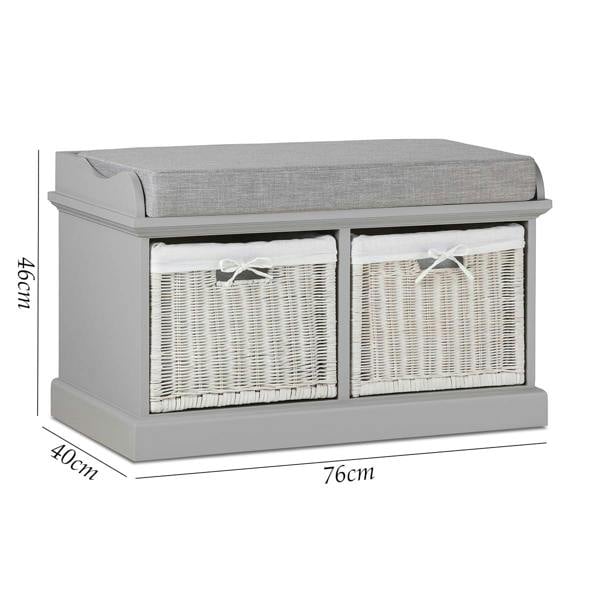 Statement Furniture Tetbury Bench with 2 White Wicker Baskets and Cushion Seat
