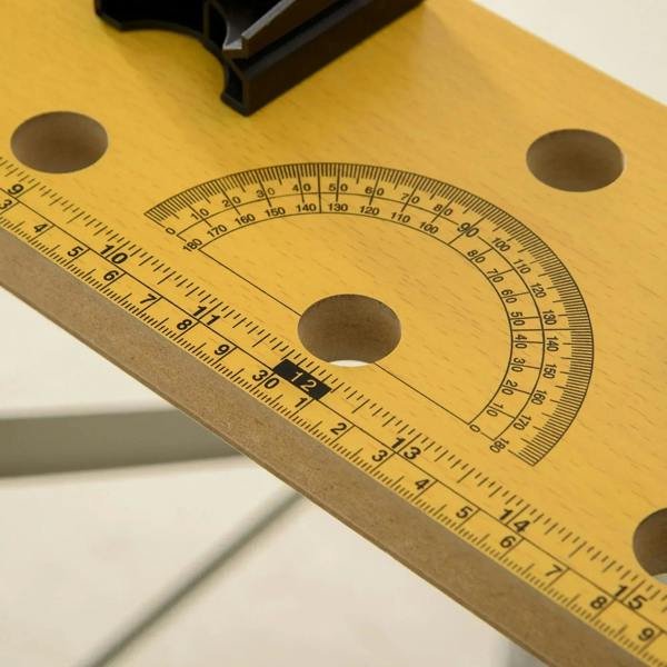 Yellow work board with built-in protractor and measurement ruler on a folding clamp table