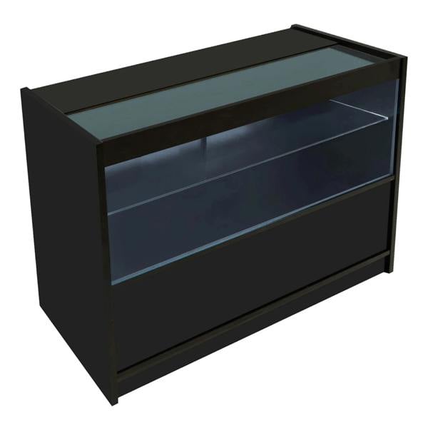 Gravity LED shop counter set in black featuring a sleek design, glass display top, and spacious storage compartments for retail use