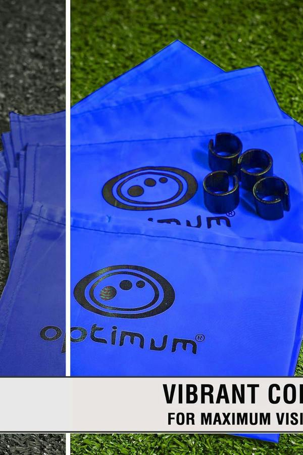 Close-up of blue Optimum corner flags with white logos and black clips on grass - Optimum