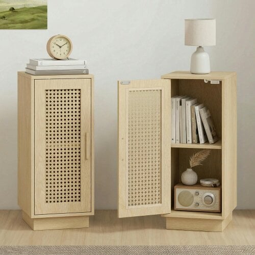 HOMCOM Set of 2 Bedside Tables with Rattan-Decor Door, Natural Wood Finish