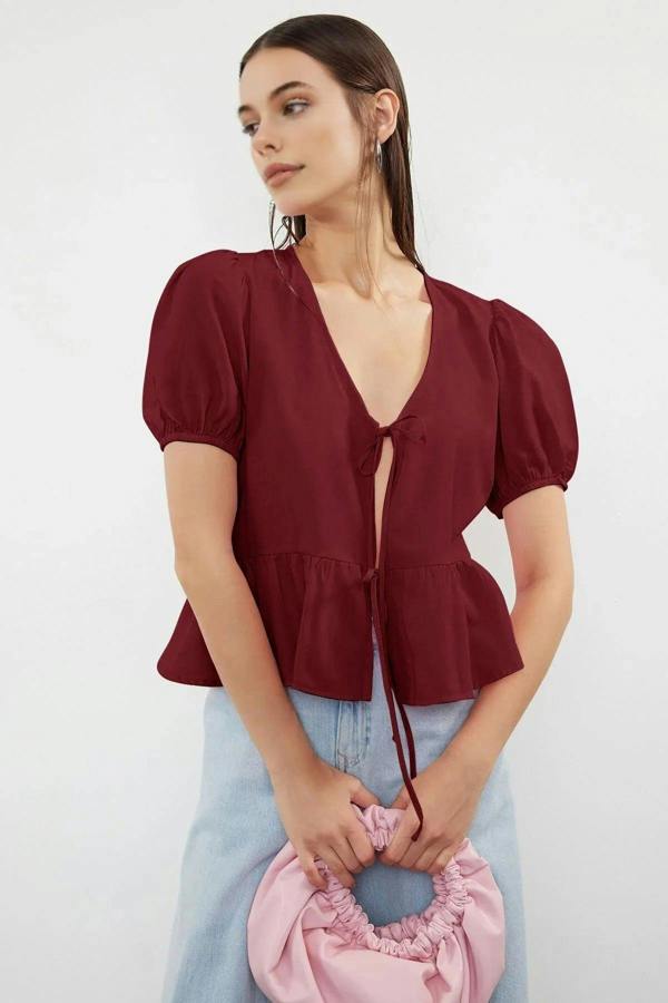 WOVCOR Tie Front V-Neck Short Sleeve Woven Shirt