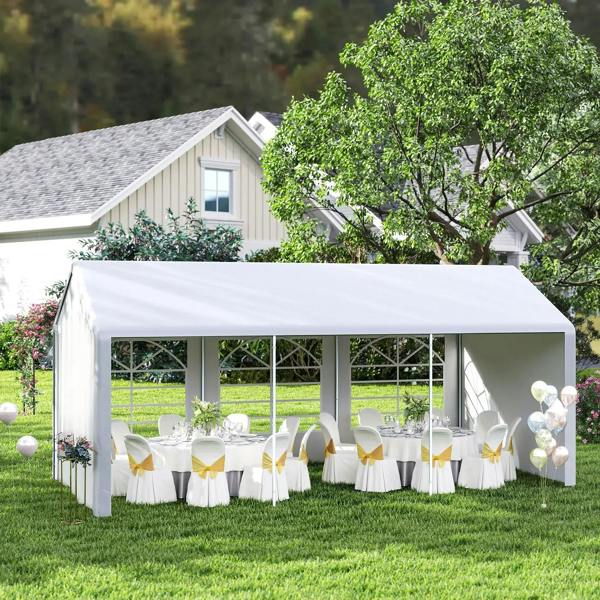 White event gazebo with clear window panels and gabled roof, front seating view