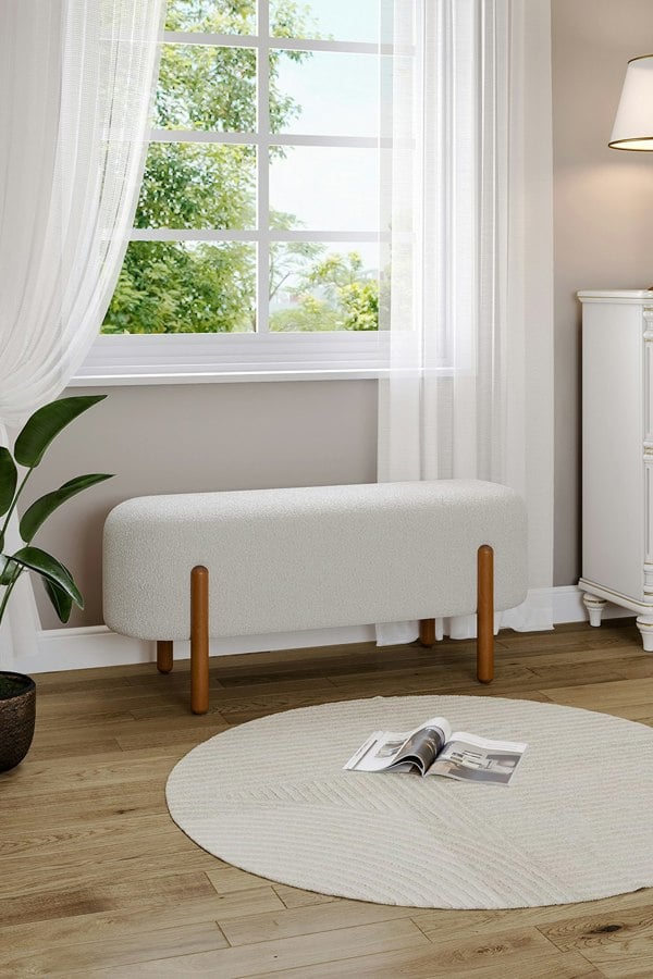 Living and Home Beige Polar Fleece Oval Shaped Bench Entryway Shoe Changing Stool