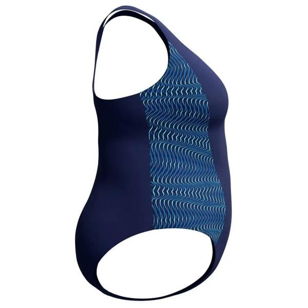 Navy Speedo placement medalist swimsuit with light blue wavy panels