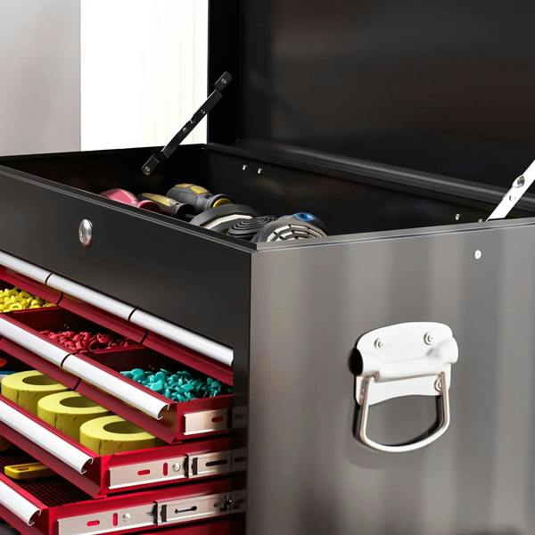 Open top case tool storage chest with red drawers and accessory compartments